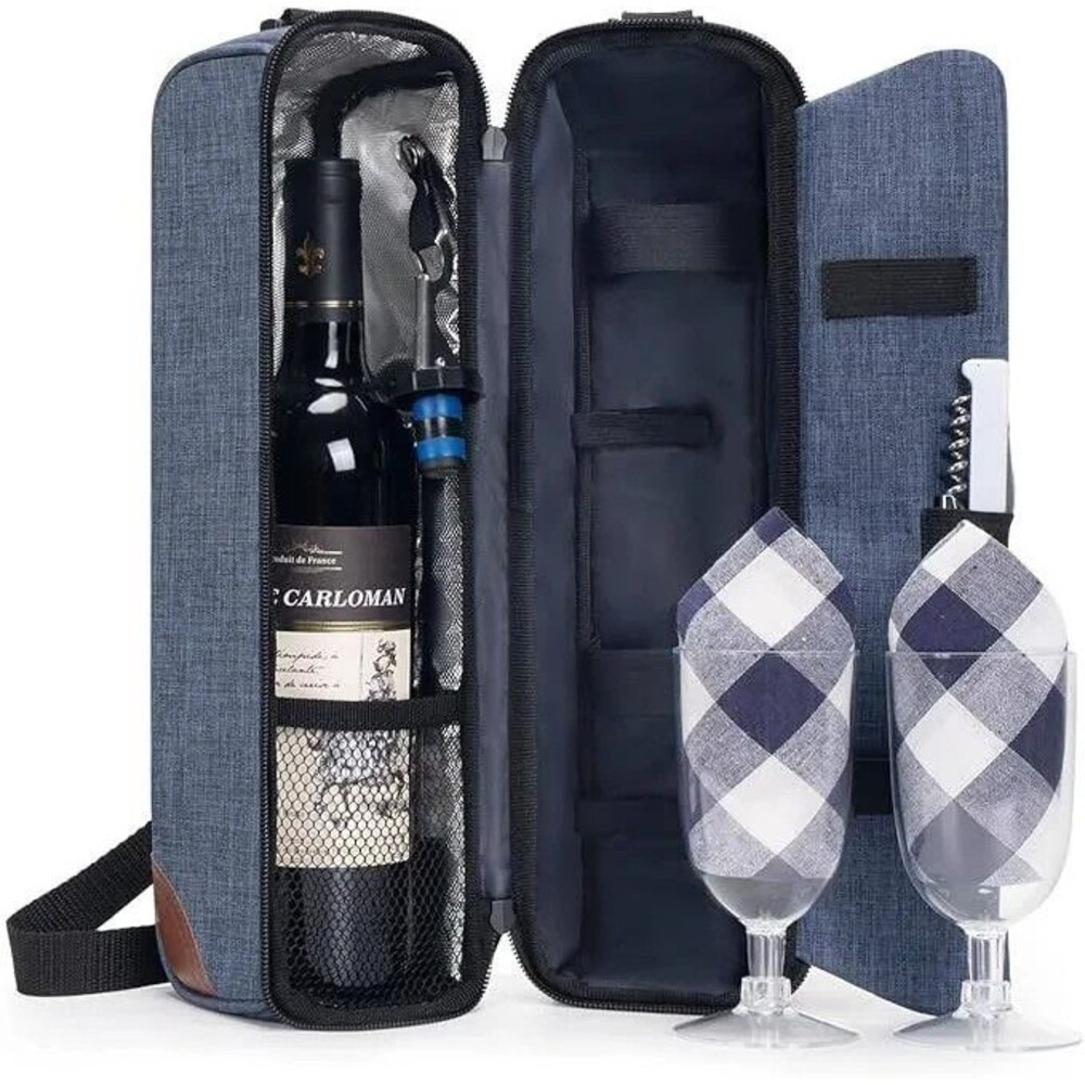 ALLCAMP  Insulated Wine Carrier Tote Picnic Bag with 2 Glasses Napkins Corkscre